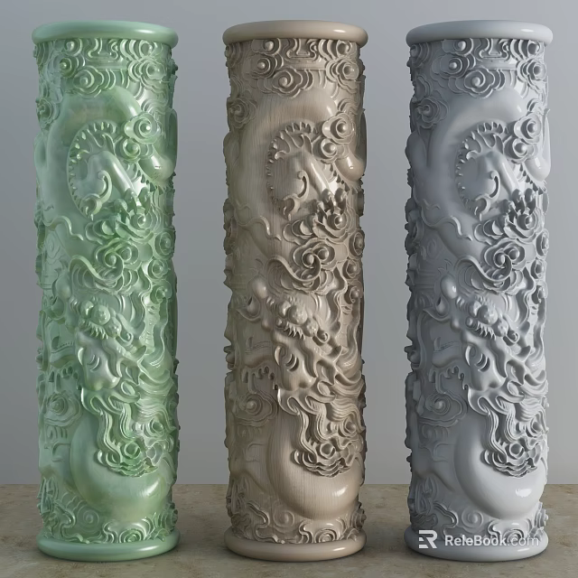 Intricate Decorative Columns With Dragon Carvings In Green Beige And Gray Colors 3d model 