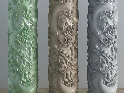 Intricate Decorative Columns With Dragon Carvings In Green Beige And Gray Colors 3d model