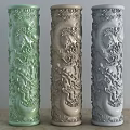 Intricate Decorative Columns With Dragon Carvings In Green Beige And Gray Colors