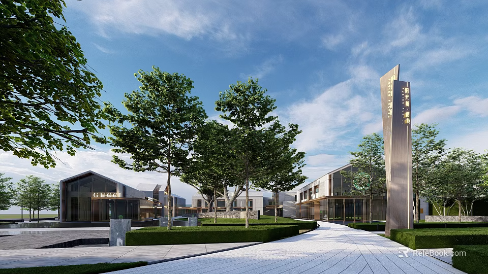 Modern Sales Office Building with Lush Trees Pathway and Elegant Signage 3d model 