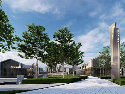 Modern Sales Office Building with Lush Trees Pathway and Elegant Signage 3d model