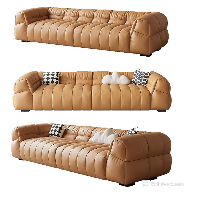 Modern Brown Leather Sectional Sofa with Checkered and White Cloud Pillows 3d model