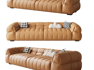 Modern Brown Leather Sectional Sofa with Checkered and White Cloud Pillows 3d model