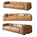 Modern Brown Leather Sectional Sofa with Checkered and White Cloud Pillows 3d model