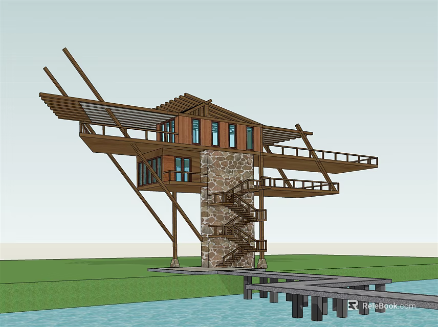 Wooden Road Facilities With Stone Spiral Staircase And Waterfront Pier Platform 3d model 