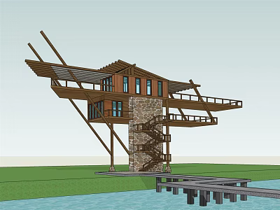 Wooden Road Facilities With Stone Spiral Staircase And Waterfront Pier Platform 3d model
