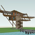 Wooden Road Facilities With Stone Spiral Staircase And Waterfront Pier Platform