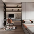 Modern Tatami Bedroom Interior With Bed Desk Chair Bookshelf And Storage Cabinets