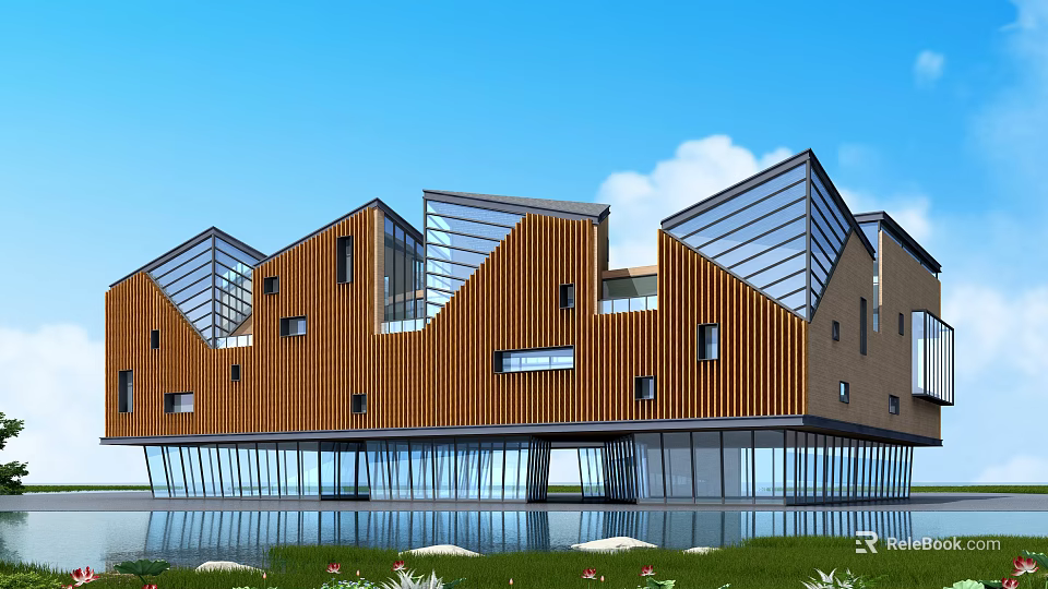 Modern Commercial Street Architecture With Unique Roof Design Glass Facade Wooden Panels And Waterfront Greenery 3d model 