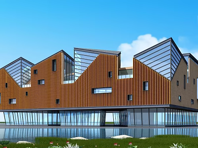 Modern Commercial Street Architecture With Unique Roof Design Glass Facade Wooden Panels And Waterfront Greenery 3d model