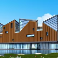 Modern Commercial Street Architecture With Unique Roof Design Glass Facade Wooden Panels And Waterfront Greenery