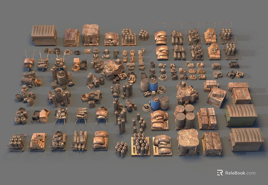 Various Types of Industrial Equipment Models Arranged on Gray Background 3d model 