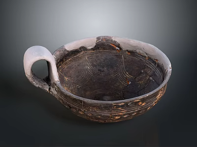 Ancient Carved Clay Bowl With Intricate Patterns And Decorative Handle 3d model
