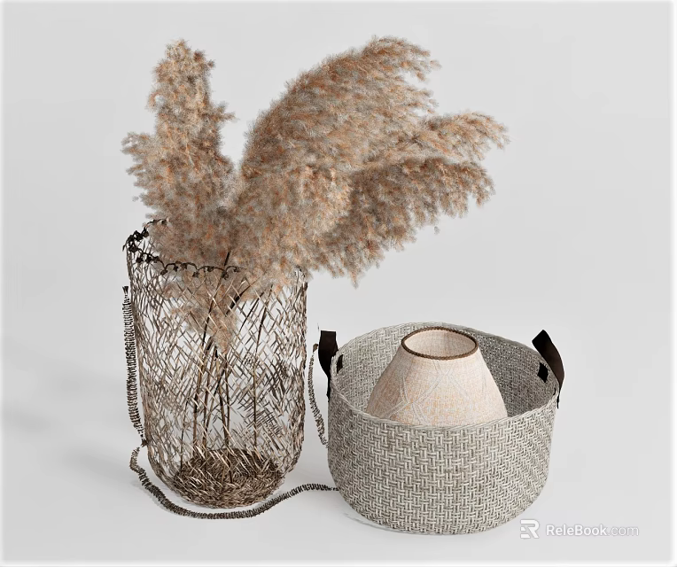 Woven Mesh Vase With Dried Pampas Grass And Woven Basket With Light Colored Clay Vase 3d model 