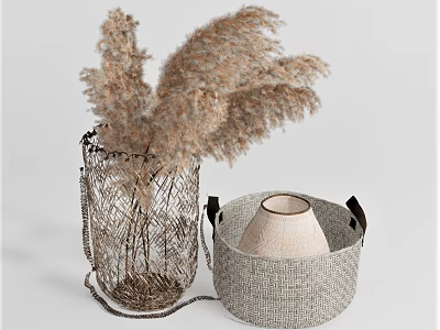 Woven Mesh Vase With Dried Pampas Grass And Woven Basket With Light Colored Clay Vase 3d model