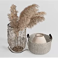 Woven Mesh Vase With Dried Pampas Grass And Woven Basket With Light Colored Clay Vase