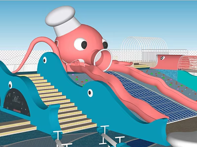 Pink Octopus Shaped Slide With Blue Structure And Stairs In Outdoor Playground 3d model