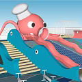 Pink Octopus Shaped Slide With Blue Structure And Stairs In Outdoor Playground