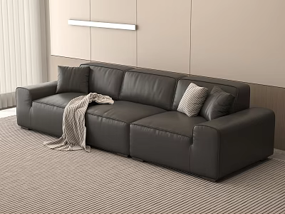 Black Leather Sectional Sofa with Pillows and Throw Blanket in Modern Living Room 3d model