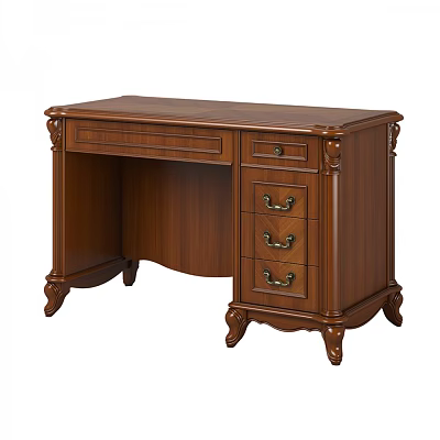 Classic Brown Wooden Desk With Carved Details And Multiple Drawers 3d model
