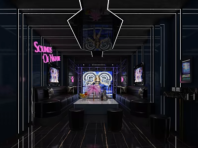 Modern Bar Interior With Neon Lights Sofas Bar Counter And Chandelier 3d model