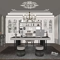 Study Room Interior With White Built In Bookshelves Ornate Chandelier And Wooden Desk