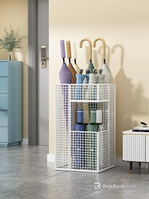 Living Room Organized Area With White Multi Tier Grid Storage Rack Holding Umbrellas And Containers 3d model 