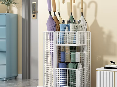 Living Room Organized Area With White Multi Tier Grid Storage Rack Holding Umbrellas And Containers 3d model