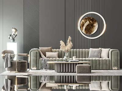 Elegant Modern Sofa Coffee Table Set With Velvet Upholstery And Round Mirror Decor 3d model