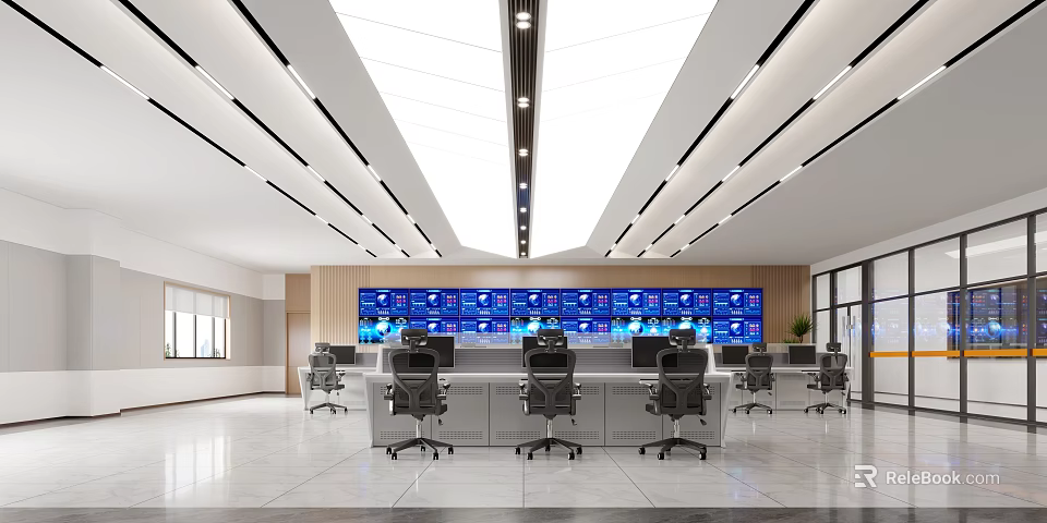 Modern Monitoring Room With Multiple Screens Control Desks And Chairs 3d model 