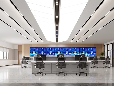 Modern Monitoring Room With Multiple Screens Control Desks And Chairs 3d model