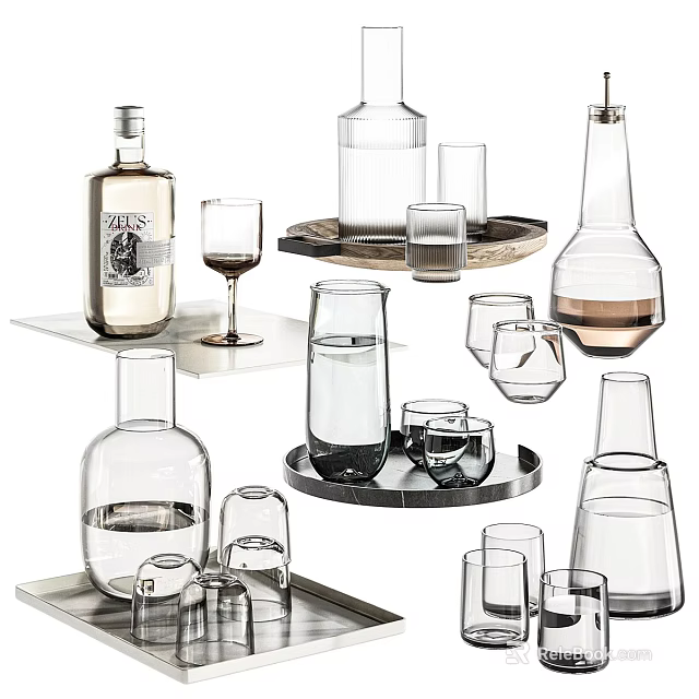 Transparent Glass Tea Sets With Various Shapes Including Bottles Cups And Trays 3d model 