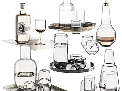 Transparent Glass Tea Sets With Various Shapes Including Bottles Cups And Trays 3d model