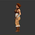 Woman In Brown And White Stylish Costume With Fur Trimmed Boots And Curly Red Hair