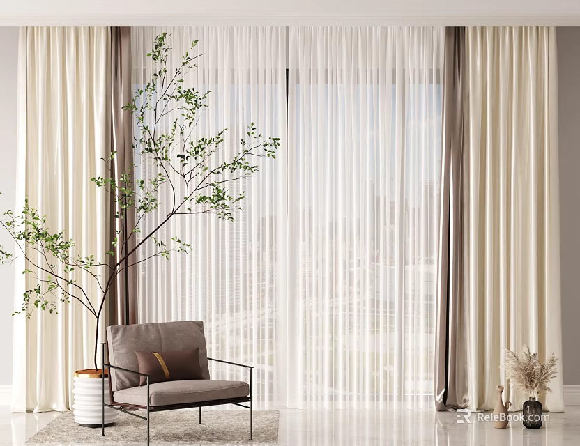 Modern Beige and Gray Curtains with Sheer Panels Window Natural Light Plant and Chair 3d model 