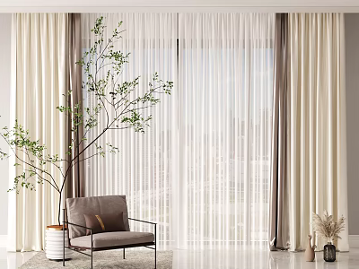 Modern Beige and Gray Curtains with Sheer Panels Window Natural Light Plant and Chair 3d model