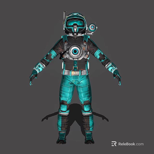 Futuristic Teal Metallic Outfit With Helmet Circular Chest Device And Belt 3d model 