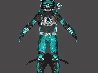 Futuristic Teal Metallic Outfit With Helmet Circular Chest Device And Belt 3d model