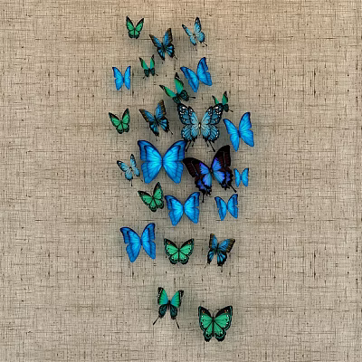 Vibrant Blue and Green Butterflies on Natural Linen Texture Background 3d model