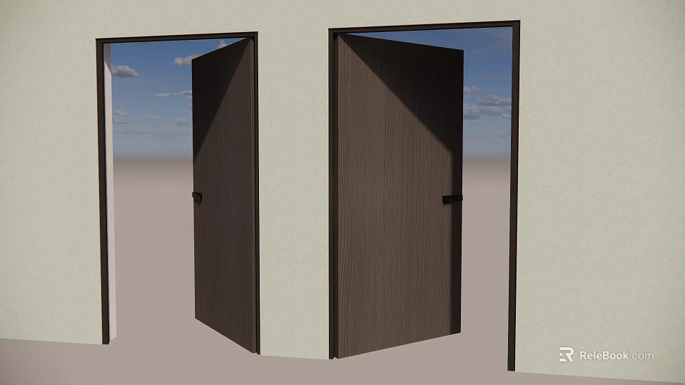 Dark Wooden Sliding Doors Design Installed In Light Wall With Blue Sky Background 3d model 