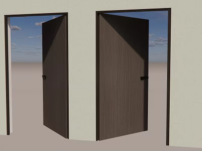 Dark Wooden Sliding Doors Design Installed In Light Wall With Blue Sky Background 3d model