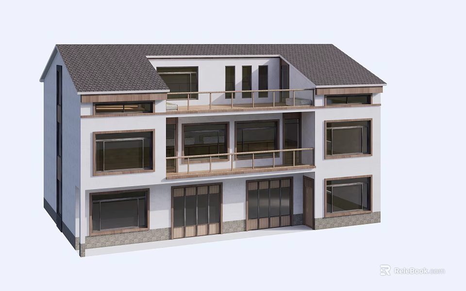 Rural Self Built House With Two Story White Exterior Gray Roof And Balconies 3d model 