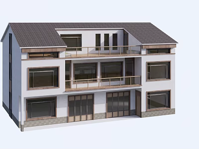 Rural Self Built House With Two Story White Exterior Gray Roof And Balconies 3d model