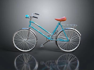 Blue Bicycle with Red Seat Silver Wheels and Rear Rack on Dark Background 3d model