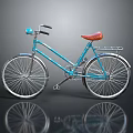 Blue Bicycle with Red Seat Silver Wheels and Rear Rack on Dark Background