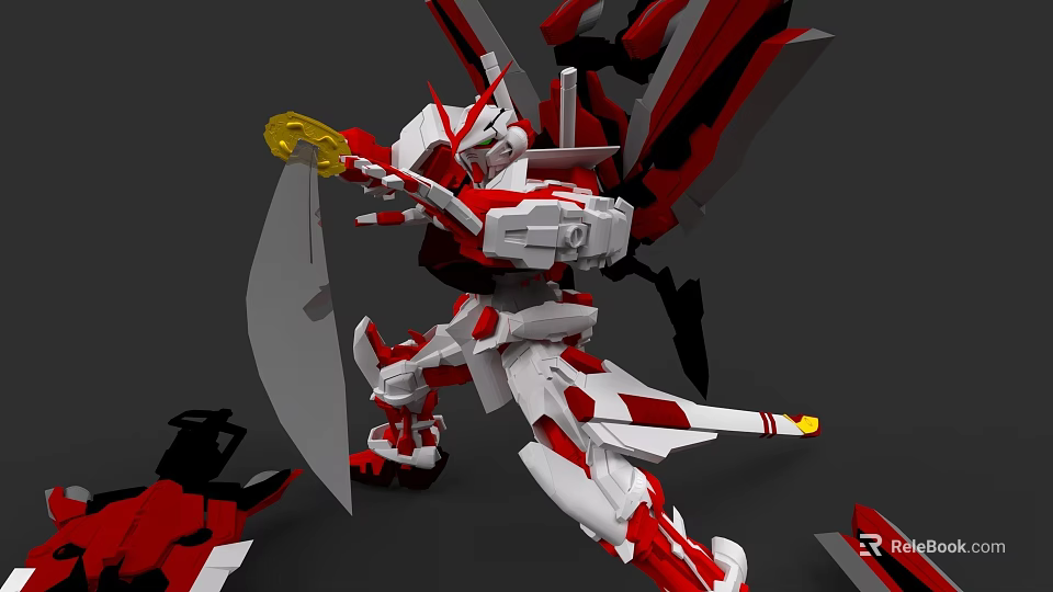 Red and White Mecha Game Movie Character Holding Yellow Weapon With Wing like Structures 3d model 