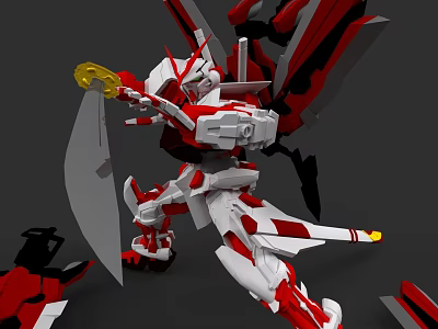 Red and White Mecha Game Movie Character Holding Yellow Weapon With Wing like Structures 3d model
