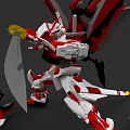 Red and White Mecha Game Movie Character Holding Yellow Weapon With Wing like Structures