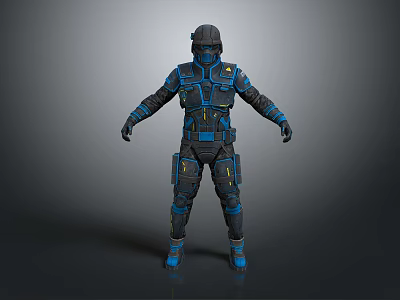Man in Futuristic Black Blue Tactical Armor with Helmet Full Body Protective Gear 3d model
