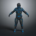 Man in Futuristic Black Blue Tactical Armor with Helmet Full Body Protective Gear